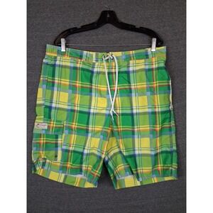 Chaps Mens Shorts XL Green Yellow Swim Trunks Boardshorts Mesh Lined Preppy